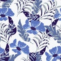 Seamless pattern with blue tropical leaves and flowers on light background. Vector design. Jungle print. Floral background. Royalty Free Stock Photo