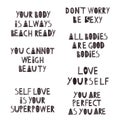 Set of hand drawn quotes about body positive. Scandinavian style lettering. Flat vector illustration