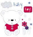 Cute bear boy on a card with flowers and hearts. Children`s printing for children, poster, children`s clothing, postcard. Vector i Royalty Free Stock Photo