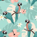 Trendy pattern with parrots and tropical leaves. Vector seamless texture. Royalty Free Stock Photo