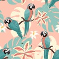 Tropical pattern with parrots and tropical leaves. Vector seamless texture. Trendy Illustration. Royalty Free Stock Photo