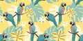 Trendy pattern with parrots and tropical leaves. Vector seamless texture. Royalty Free Stock Photo