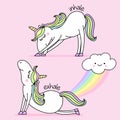 Exhale - Inhale - namaste fart rainbow funny vector quotes and unicorn drawing. Royalty Free Stock Photo
