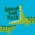 Brush your teeth! - funny hand drawn doodle, cartoon alligator / crocodile. Royalty Free Stock Photo