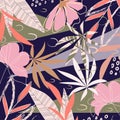 Abstract background with bright tropical plants and leaves on a dark background. Vector design. Jungle print. Textiles and printin