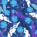 Summer seamless pattern with tropical plants and leaves on blue background. Vector design. Jungle print. Textiles and printing. Fl