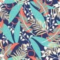 Seamless pattern with colorful tropical leaves and flowers on a blue background. Vector design. Jungle print. Textiles and printin