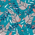 Seamless pattern with tropical leaves and plants on blue background. Vector design. Jungle print. Textiles and printing. Floral ba