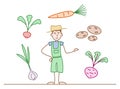 Drawing of gardener with vegetables