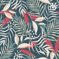 Trend seamless pattern with tropical leaves and plants on green background. Vector design. Jungle print. Textiles and printing. Fl