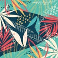 Abstract pattern with tropical leaves and plants on a bright geometric background. Vector design. Jungle print. Textiles and print Royalty Free Stock Photo