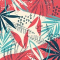 Abstract pattern with tropical leaves and plants on a bright geometric background. Vector design. Jungle print. Textiles and print Royalty Free Stock Photo
