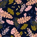 Trend seamless pattern with tropical leaves and plants on a dark blue background. Vector design. Jungle print. Textiles and printi Royalty Free Stock Photo