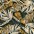 Trend seamless pattern with bright tropical leaves and plants on a dark blue background. Vector design. Jungle print. Textiles and Royalty Free Stock Photo