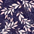 Trend seamless pattern with bright tropical leaves and plants on a dark blue background. Vector design. Jungle print. Textiles and Royalty Free Stock Photo