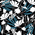 Trend seamless pattern with bright tropical leaves and plants on a dark blue background. Vector design. Jungle print. Textiles and Royalty Free Stock Photo