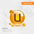 Vitamin U gold shining pill capcule icon, cholecalciferol. golden Vitamin complex with Chemical formula substance drop. Medical f