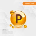 Vitamin P gold shining pill capcule icon, cholecalciferol. golden Vitamin complex with Chemical formula substance drop. Medical f