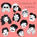 Set of people avatars in flat style. Portraits of various men and women. Trendy black and white icons collection. Vector illustrat