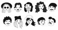 Set of people avatars in flat style. Portraits of various men and women. Trendy black and white icons collection. Vector illustrat