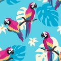 Trendy pattern with parrots and tropical leaves. Vector seamless texture. Royalty Free Stock Photo