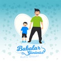 Father and son holding hands with white heart visual behind them. Turkish holiday `Babalar Gunu Kutlu Olsun` Translate: `Happy Fat Royalty Free Stock Photo