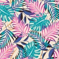 A trending abstract pattern with tropical leaves and flowers on a delicate pastel background. Vector design. Jungle print. Floral