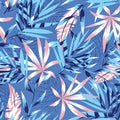 A trending abstract pattern with tropical leaves and flowers on a delicate pastel background. Vector design. Jungle print. Floral