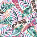 A trending abstract pattern with tropical leaves and flowers on a delicate pastel background. Vector design. Jungle print. Floral