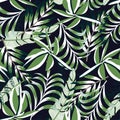 A trending abstract pattern with tropical leaves and flowers on a delicate pastel background. Vector design. Jungle print. Floral