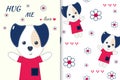 Postcard with cute puppy and seamless pattern in the set. Cute character, vector design. Colorful vector background. Background wi Royalty Free Stock Photo