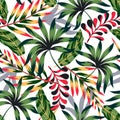 Trend abstract tropical seamless pattern with bright leaves and plants on a light background. Vector design. Jungle print. Floral Royalty Free Stock Photo