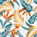 Trend seamless pattern with bright tropical leaves and plants on white background. Vector design. Jung print. Floral background. P