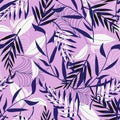 Trend seamless pattern with bright tropical leaves and plants on a light pink background. Vector design. Jung print. Floral backgr Royalty Free Stock Photo