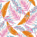 Summer trend seamless pattern with bright tropical leaves and plants on a white background. Vector design. Jung print. Floral back