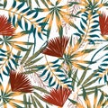 Summer trend seamless pattern with bright tropical leaves, plants and flowers on a light background. Vector design. Jung print. Fl Royalty Free Stock Photo