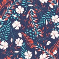 Summer trend seamless pattern with tropical leaves and flowers on a dark background. Vector design. Jung print. Floral background.