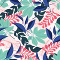 Summer trend seamless pattern with tropical leaves and plants on pastel background. Vector design. Jung print. Floral background.