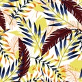 Summer bright original seamless pattern with tropical leaves and plants on white background. Vector design. Jung print. Floral bac Royalty Free Stock Photo