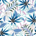 Abstract tropical seamless pattern with bright leaves and plants on a light background. Vector design. Jungle print. Floral backgr Royalty Free Stock Photo