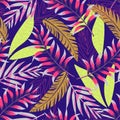 Trending abstract tropical seamless pattern with bright leaves and plants on purple background. Vector design. Jungle print. Flora