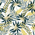 Summer bright original seamless pattern with tropical leaves and plants on a light background. Vector design. Jung print. Floral b Royalty Free Stock Photo