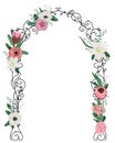 Beautiful forged wedding arch with protea, anemone and lily flowers, leaves and branches. Vintage design template for invitation,