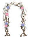 Rustic arch with tree branches, flowers, leaves. Vintage design template for invitation, card, poster. Royalty Free Stock Photo