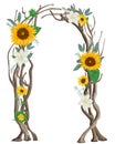 Rustic arch with tree branches, sunflowers , lilies, rosemary and leaves. Vintage design template for invitation, card, poster.