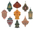 Arabic lanterns collection. Traditional oriental lamps with national floral ornament. Isolated objects on white background. Royalty Free Stock Photo