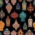 Seamless pattern with Arabic lanterns collection. Traditional oriental lamps with national floral ornament.