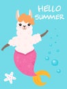 Vector illustration of cute cartoon llama with mermaid tail. Stylish pattern for greeting cards, invitations, posters and cards.