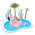 Summer illustration of girl in swimsuit with inflatable pool float relaxing in the pool. Vector template. Royalty Free Stock Photo