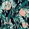 Seamless tropical pattern with bright leaves, flowers and plants on dark blue background. Vector design. Jungle print. Floral back Royalty Free Stock Photo